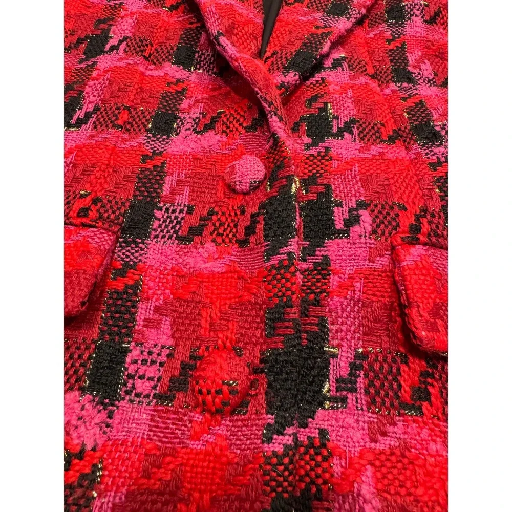 Lovers and Friends Plaid Tweed Blazer Metallic Rosette Large Red Pink Excellent